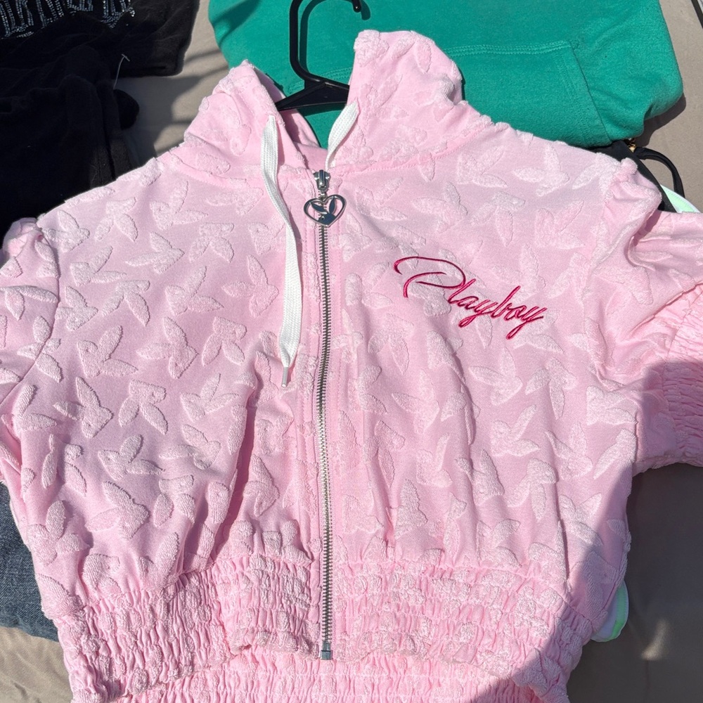 Playboy Pink Embossed Hoodie with Heart Zipper